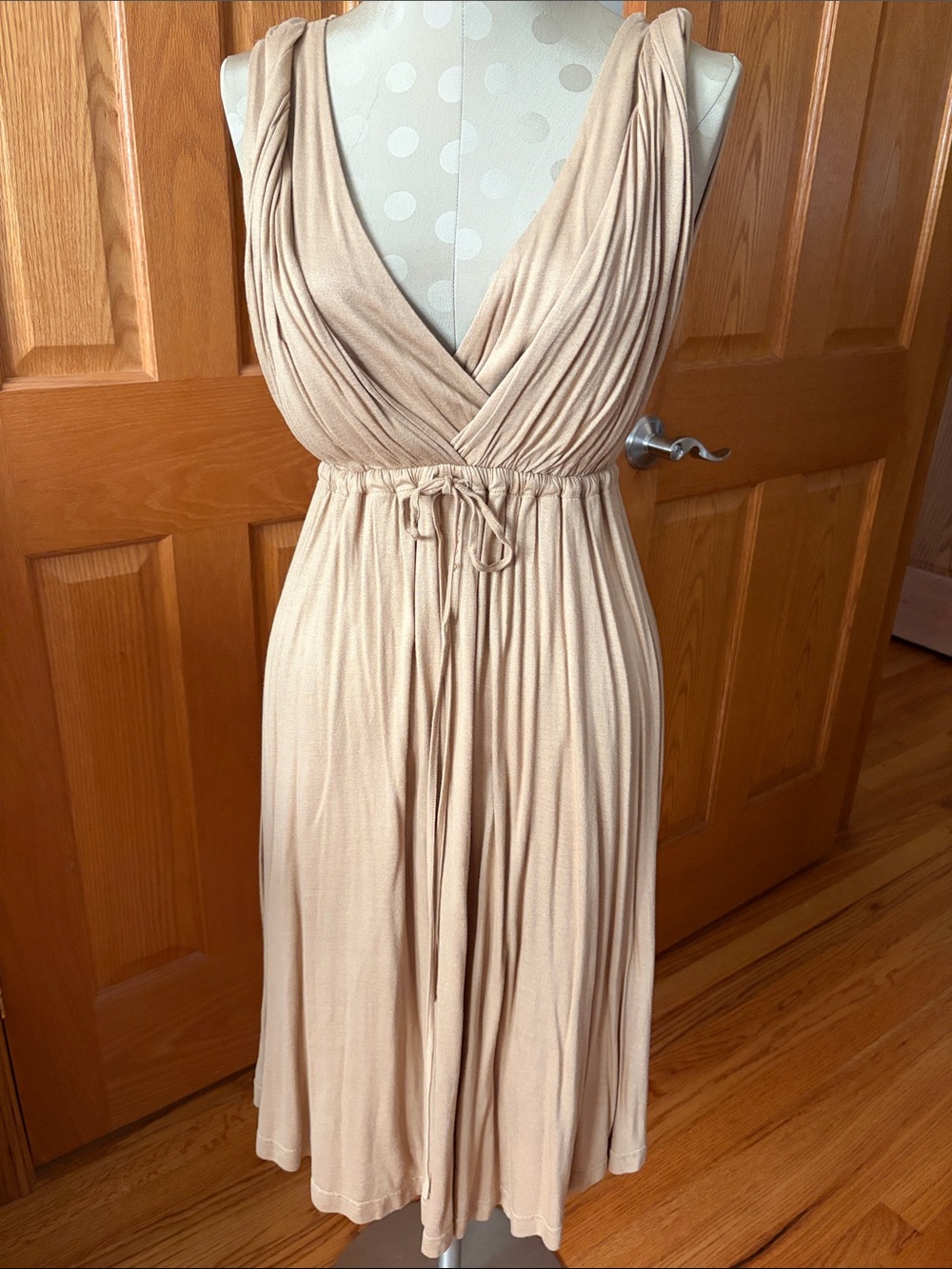 BCBGMaxAzria Sleeveless Wrap-Front Midi Dress in Beige